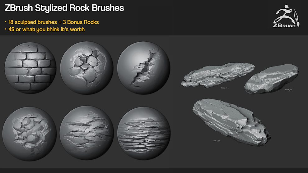 مجموعه 18 براش سنگ برای زیبراش Zbrush Stylized Rock Brushes