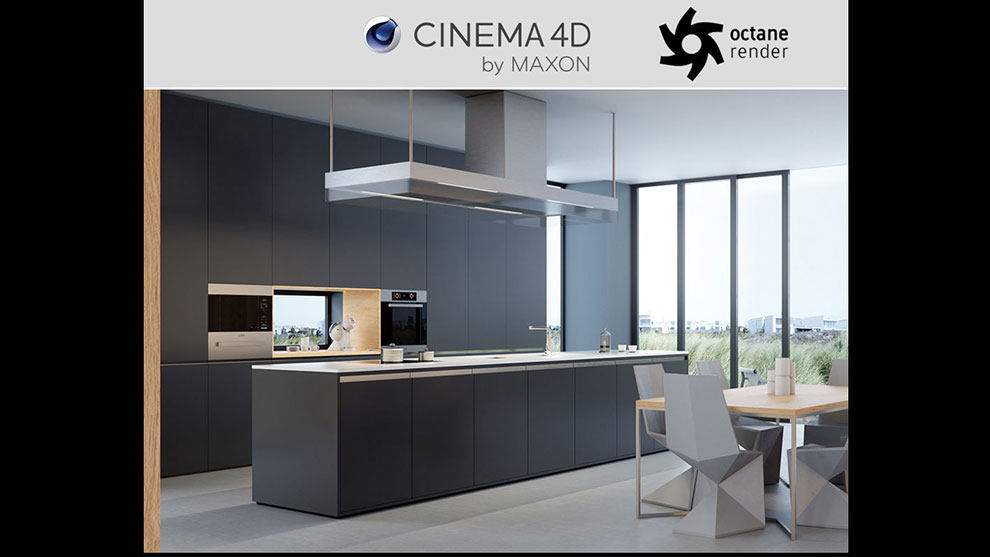 صحنه سه بعدی آشپزخانه با سینمافوردی و اکتان رندر Octane C4D Kitchen Interior
